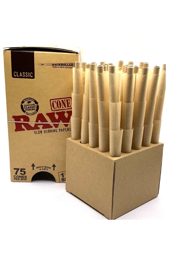 BOX OF RAW CLASSIC 1 & 1/4 PRE ROLL CONES - 75 CONES TOTAL 1 BOX OF RAW CLASSIC 1 & 1/4 PRE ROLL CONES - 75 CONES TOTAL